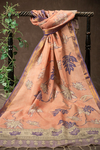 Soft pink hand Kalamkari Chennuri silk dupatta with floral motifs			