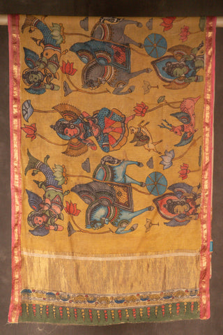 Hand Kalamkari Chennuri silk dupatta with tissue zari pallu			