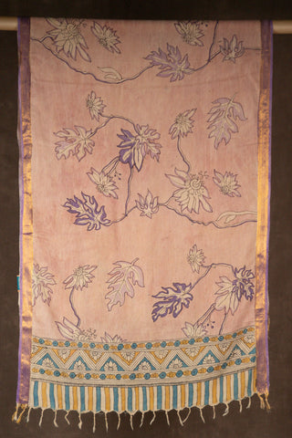 Pink hand Kalamkari Chennuri silk dupatta with floral motifs			