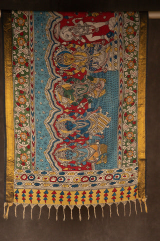 Hand Kalamkari Chennuri silk dupatta with mythological figures			