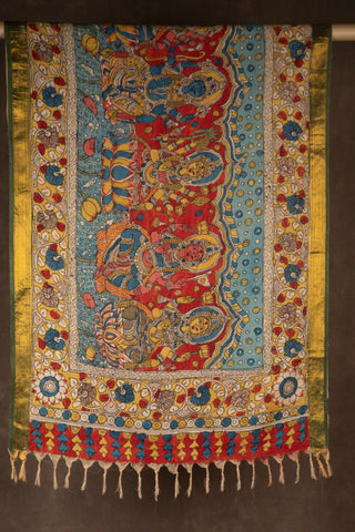 Yellow hand Kalamkari Chennuri silk dupatta with floral motifs			