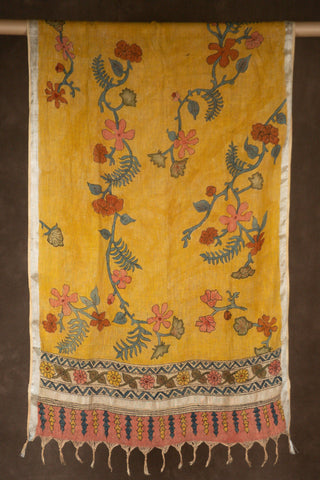 Hand Kalamkari linen dupatta in yellow with floral print			