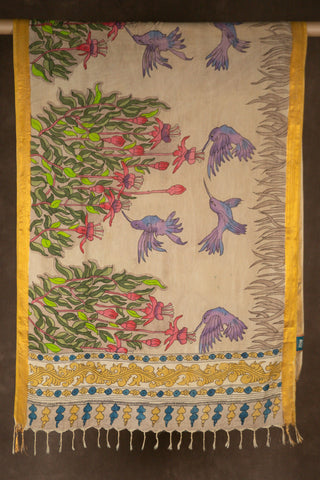 Hand Kalamkari Chennuri silk dupatta with bird and floral motifs			