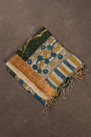 Forest green hand Kalamkari Chennuri silk dupatta with zari border			