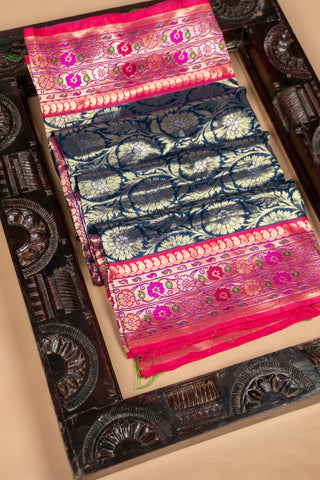 Navy Blue Amdavadi Pure Silk Saree with Gold Zari and Pink Border