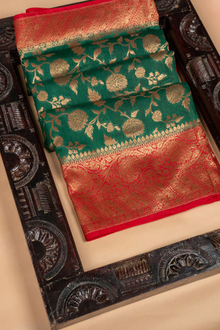 Emerald Green Banarasi Saree with Zari Floral Jaal and Red Border