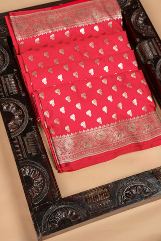 Deep Vermilion Red Mashru Banarasi Silk Saree with Gold Phool Buti