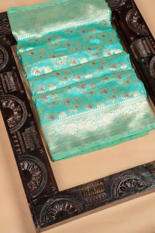 Aqua Green Banarasi Saree with Maroon Meenakari Flowers