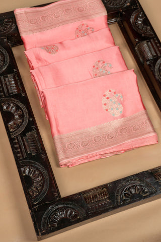 Light Peach Banarasi Mashru Silk Saree with Sky Blue & Peach Meena Kari