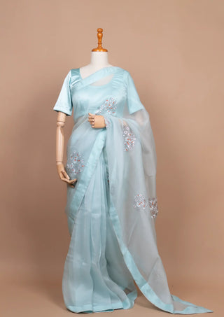 Karishma Tanna's Handpainted Light Blue Organza Saree (Made to Order)