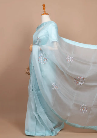 Karishma Tanna's Handpainted Light Blue Organza Saree (Made to Order)