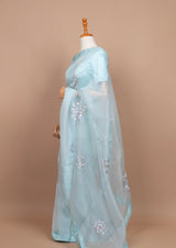 Sky Blue Organza Saree with Hand-painted Jasmines