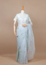 Off-White Organza Saree with Hand-painted Jasmines