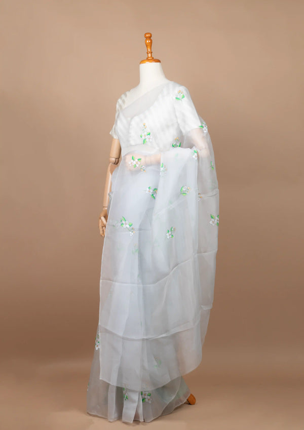 Off-White Organza Saree with Hand-painted Jasmines