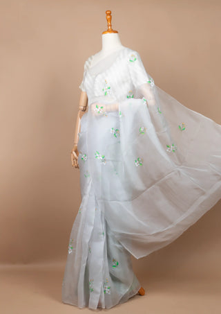 Off-White Organza Saree with Hand-painted Jasmines