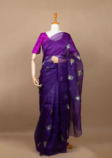 Purple Organza Saree with Hand-painted Firangipani