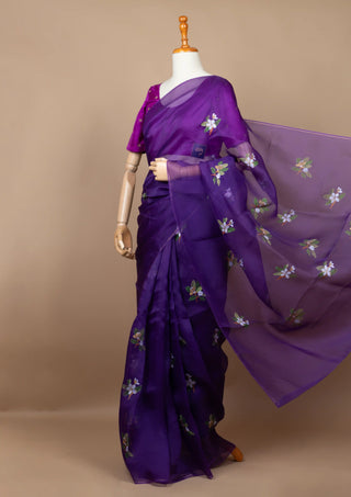 Purple Organza Saree with Hand-painted Firangipani