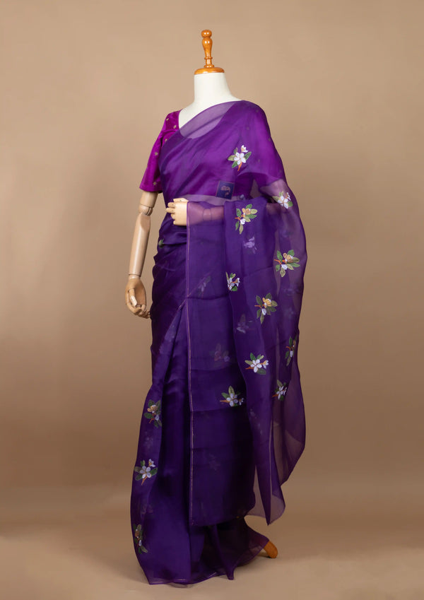 Purple Organza Saree with Hand-painted Firangipani