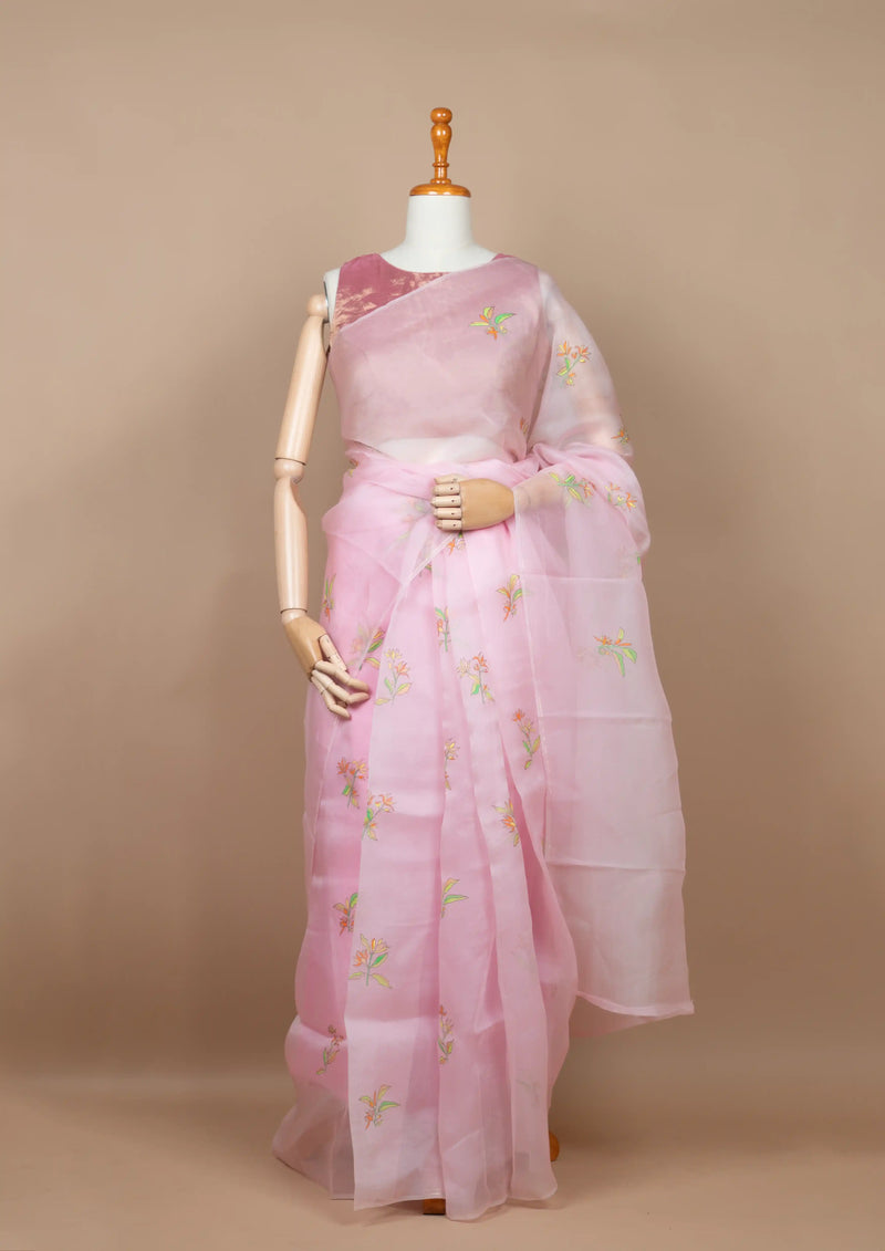 Pink Organza Saree with Hand-painted Champa