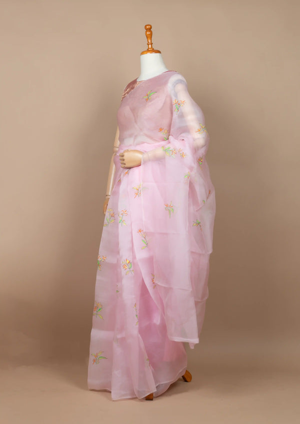 Pink Organza Saree with Hand-painted Champa