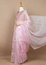 Pink Organza Saree with Hand-painted Champa