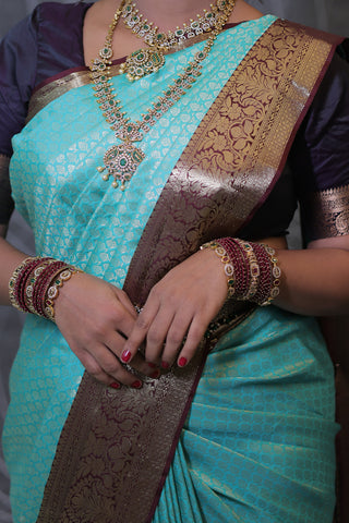 Mint Green & Chocolate Brown Kanjivaram Saree with Zari Motifs