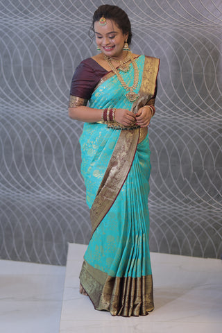 Mint Green & Chocolate Brown Kanjivaram Saree with Zari Vines