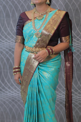 Mint Green & Chocolate Brown Kanjivaram Saree with Zari Vines