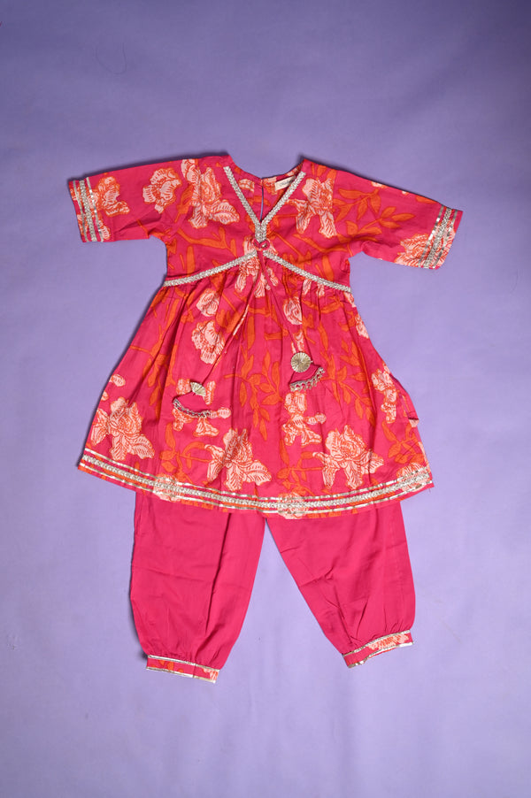 Pink and Orange Floral Suit Set With Gota Detail