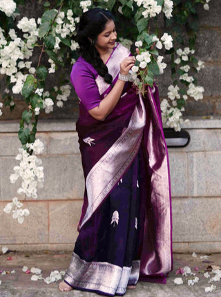 Wine and Silver Organza Saree