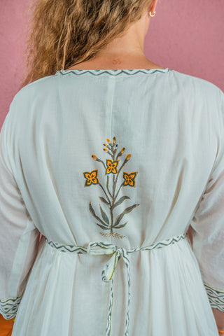 Pure Cotton Flared Kurti Set with Block Print & Drawstring Tie – White & Mustard