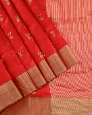 Red Handwoven Pure Chanderi Silk Saree with Gold Zari Floral Motifs and Green Meenakari