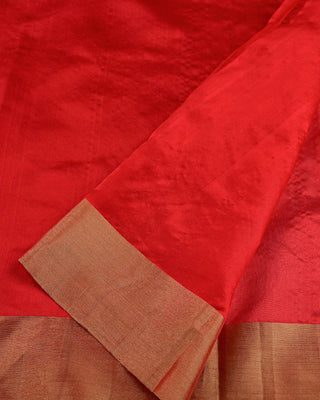Red Handwoven Pure Chanderi Silk Saree with Gold Zari Floral Motifs and Green Meenakari