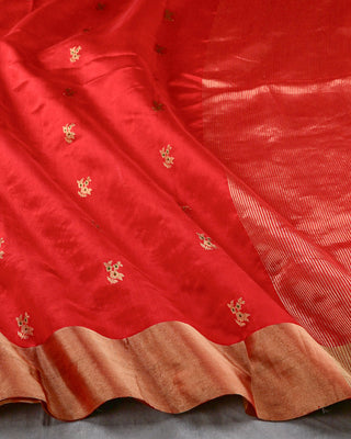 Red Handwoven Pure Chanderi Silk Saree with Gold Zari Floral Motifs and Green Meenakari