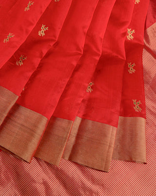 Red Handwoven Pure Chanderi Silk Saree with Gold Zari Floral Motifs and Green Meenakari