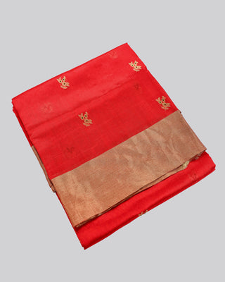 Red Handwoven Pure Chanderi Silk Saree with Gold Zari Floral Motifs and Green Meenakari