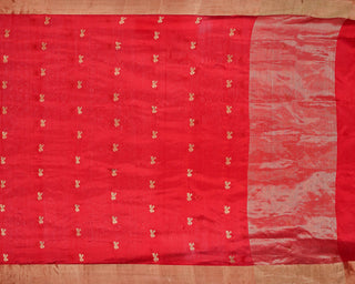 Red Handwoven Pure Chanderi Silk Saree with Gold Zari Floral Motifs and Green Meenakari