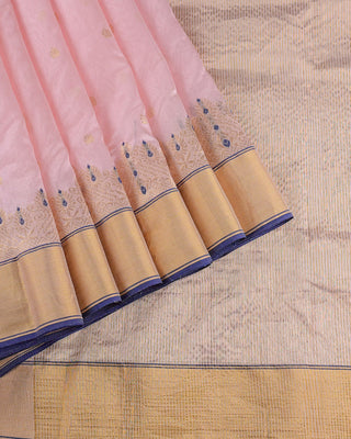Baby Pink Handwoven Pure Chanderi Silk Saree with Gold Zari Motifs and Blue Meenakari