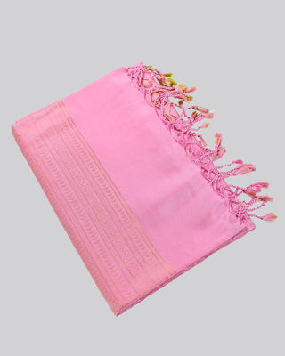 Baby pink soft silk saree with woven diamond pattern, gold zari border and matching blouse