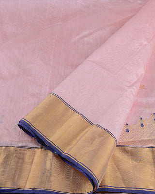 Baby Pink Handwoven Pure Chanderi Silk Saree with Gold Zari Motifs and Blue Meenakari