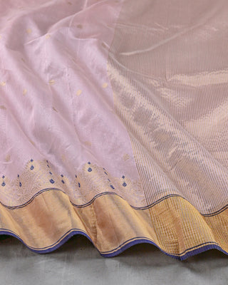 Baby Pink Handwoven Pure Chanderi Silk Saree with Gold Zari Motifs and Blue Meenakari