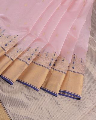 Baby Pink Handwoven Pure Chanderi Silk Saree with Gold Zari Motifs and Blue Meenakari