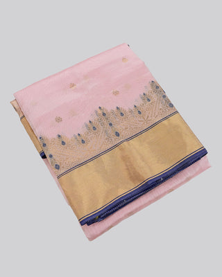 Baby Pink Handwoven Pure Chanderi Silk Saree with Gold Zari Motifs and Blue Meenakari