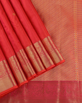 Orange pink dual tone pure silk Kanjivaram saree with gold zari rudraksha peacock buttas elephant border and full zari pallu