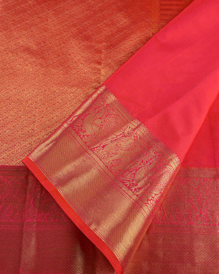 Orange pink dual tone pure silk Kanjivaram saree with gold zari rudraksha peacock buttas elephant border and full zari pallu