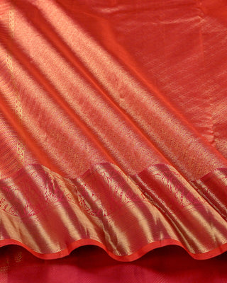 Orange pink dual tone pure silk Kanjivaram saree with gold zari rudraksha peacock buttas elephant border and full zari pallu