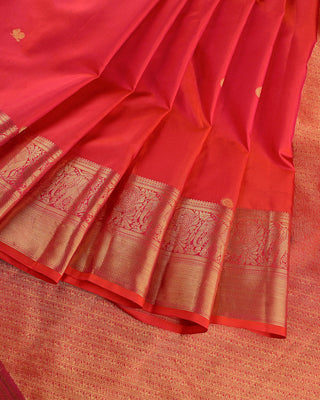 Orange pink dual tone pure silk Kanjivaram saree with gold zari rudraksha peacock buttas elephant border and full zari pallu