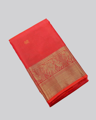 Orange pink dual tone pure silk Kanjivaram saree with gold zari rudraksha peacock buttas elephant border and full zari pallu