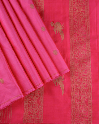 Fuchsia pink pure silk handwoven Kanjivaram saree with gold zari rudraksha peacock buttas and elaborate peacock floral pallu