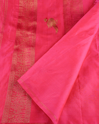 Fuchsia pink pure silk handwoven Kanjivaram saree with gold zari rudraksha peacock buttas and elaborate peacock floral pallu